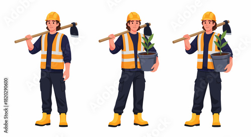 Three illustrations of a person in construction attire holding tools and plants, ready for work.