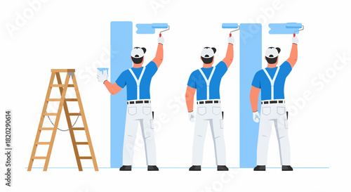 Three male painters in blue shirts painting a wall with rollers and a brush, with a ladder nearby.
