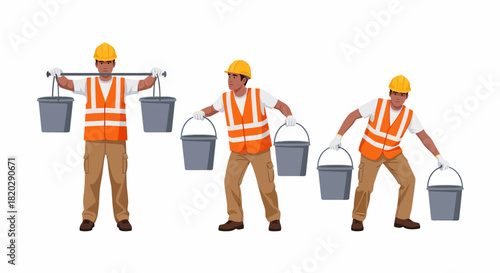 Set of illustrations of a construction worker in a hard hat and safety vest carrying two heavy buckets in various poses.