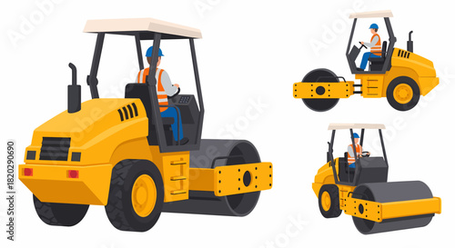 A detailed illustration of a yellow road roller with a construction worker operating it, shown from multiple angles.