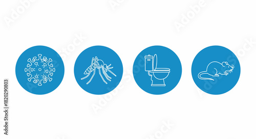Icons of virus, mosquito, toilet, and rat in blue circles.