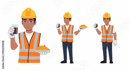 Set of a male construction worker in a safety vest and hard hat holding a drink and a plate of food during a break.