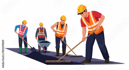 Four construction workers in hard hats and safety vests are paving a road with asphalt, using tools and a wheelbarrow.