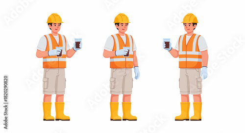 Three construction workers in safety vests and helmets holding a cup of coffee, standing.