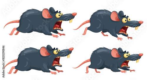 Four identical cartoon rats with open mouths and startled expressions, running in fear on a white background.