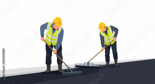 Two construction workers wearing safety vests and helmets raking asphalt on a road.