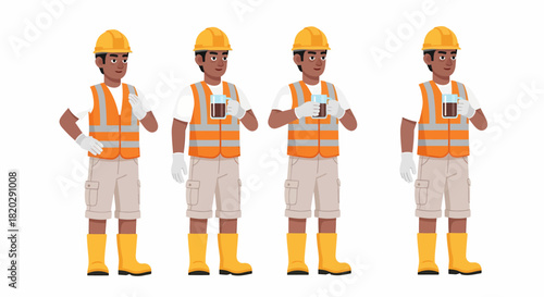 Male construction worker character set in four different poses, wearing safety gear and holding a drink.