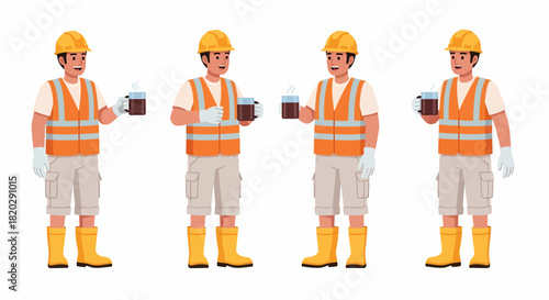 Four illustrations of a construction worker in safety gear holding a mug, possibly coffee.