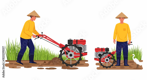 Two illustrations depicting a farmer operating a tiller in a field, and standing next to it.