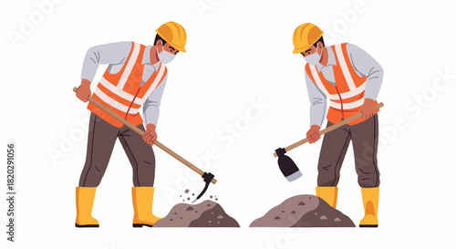 Two construction workers wearing safety vests and helmets digging dirt with tools.