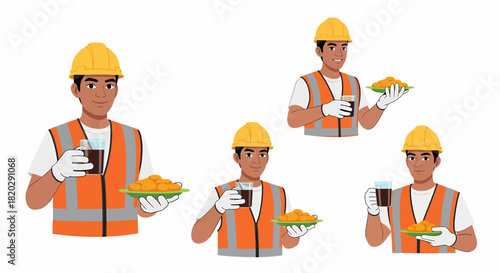 Construction worker holding a plate of food and a drink in various poses.