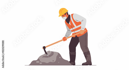 Construction worker wearing a safety vest, hard hat, and face mask, using a pickaxe to move dirt.