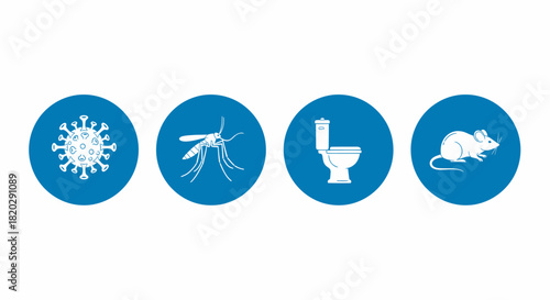 Four blue circles with white icons representing a virus, mosquito, toilet, and mouse, symbolizing health risks and pest control.