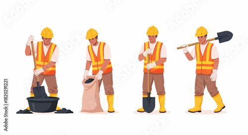 Construction workers in safety vests and helmets performing various tasks with tools and materials.
