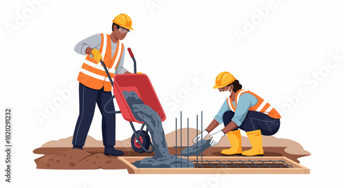 Two construction workers pouring and spreading concrete at a building site.
