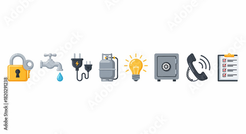 Icons representing security, utilities, and communication.