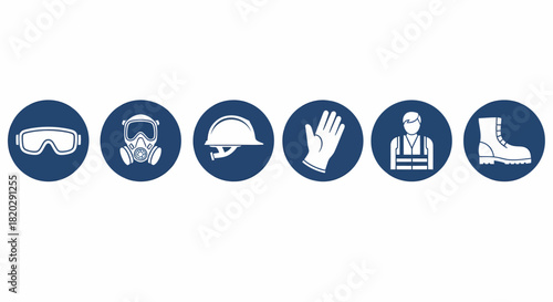Safety equipment icons: goggles, mask, helmet, gloves, vest, boots.