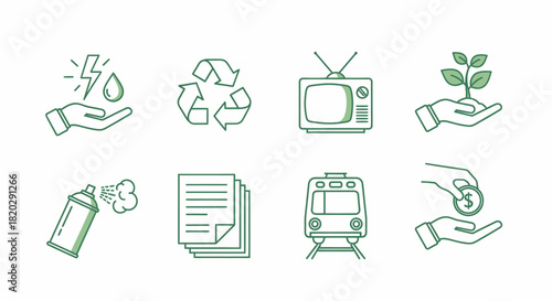 A set of eight green outline icons representing environmental, economic, and lifestyle concepts.