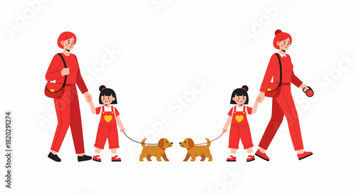 A mother and daughter in matching red outfits walking their puppy, shown in two identical illustrations on a white background.