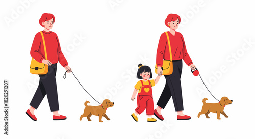 A person walking a small brown dog on a leash, shown in two variations: alone and while holding a young child's hand.
