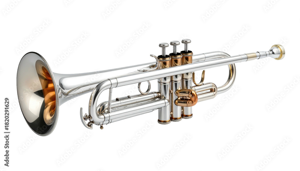 Obraz premium Gleaming silver and gold trumpet isolated on black, detailing valves and bell