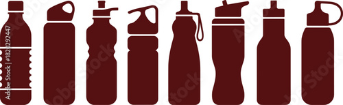 Silhouette Icons of Nine Unique Water Bottle Shapes with Various Cap Styles for Fitness, Travel, Hydration, and Product Design Use