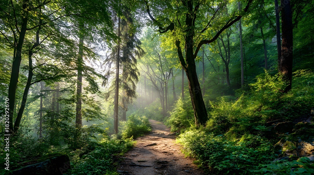 Fototapeta premium Sunlight streams through dense green foliage illuminating a dirt path winding through a thick forest