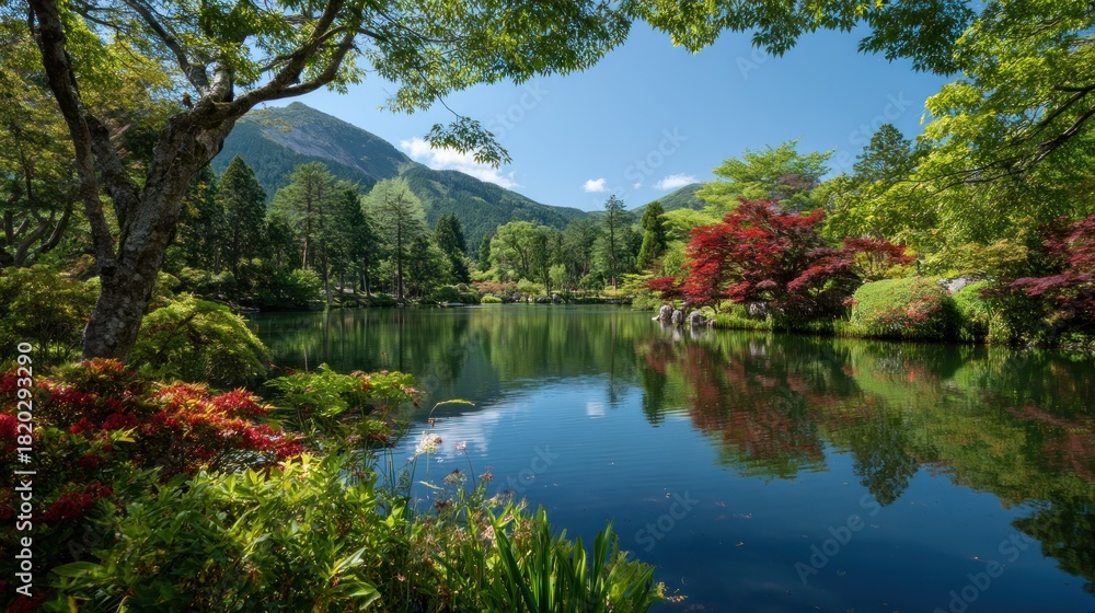 Fototapeta premium A serene Japanese garden with a pond, colorful trees, and a mountain in the background.