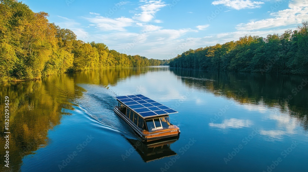 Naklejka premium Eco-friendly solar-powered boat cruises a tranquil river bordered by vibrant autumn trees under a bright blue sky.