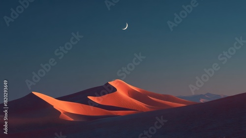 Fototapeta Naklejka Na Ścianę i Meble -  A crescent moon and sand dunes in the desert at sunset, with a clear blue sky and a warm orange glow on the sand dunes.
