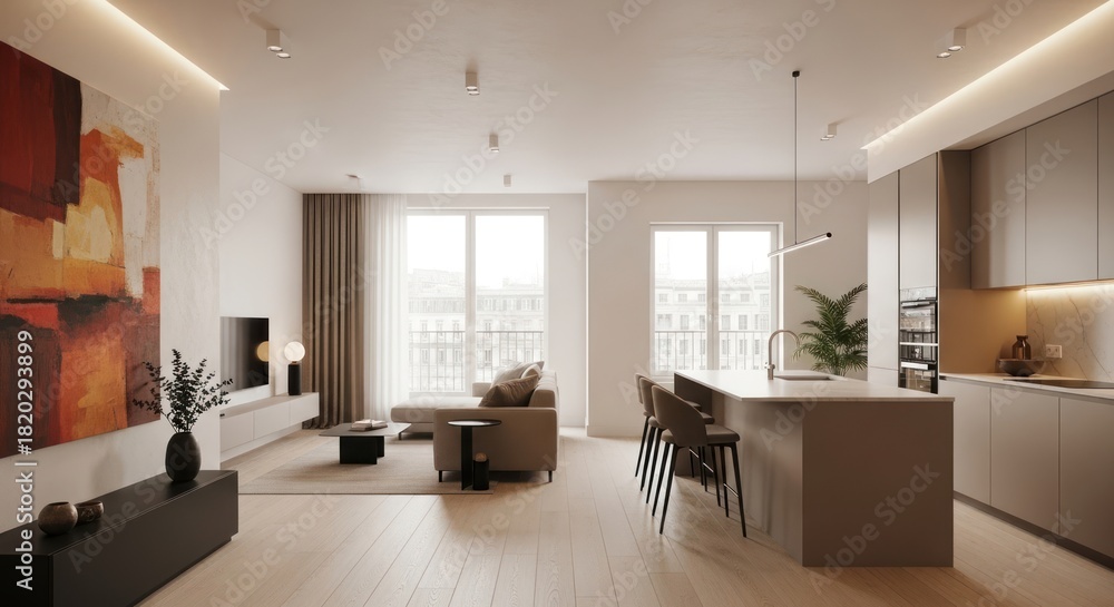 Fototapeta premium Modern open-plan apartment interior with a minimalist living room, kitchen island, and large abstract art.