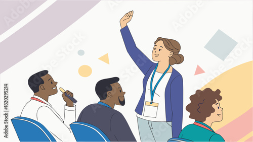 Professional Woman Raising Hand at Business Conference, Actively Participating in Discussion or Q&A Session with Diverse Audience