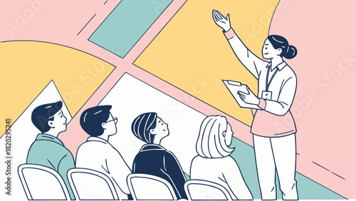 Professional Woman Presenting to Attentive Audience in Seminar or Workshop Setting, Modern Line Art Illustration with Pastel Colors