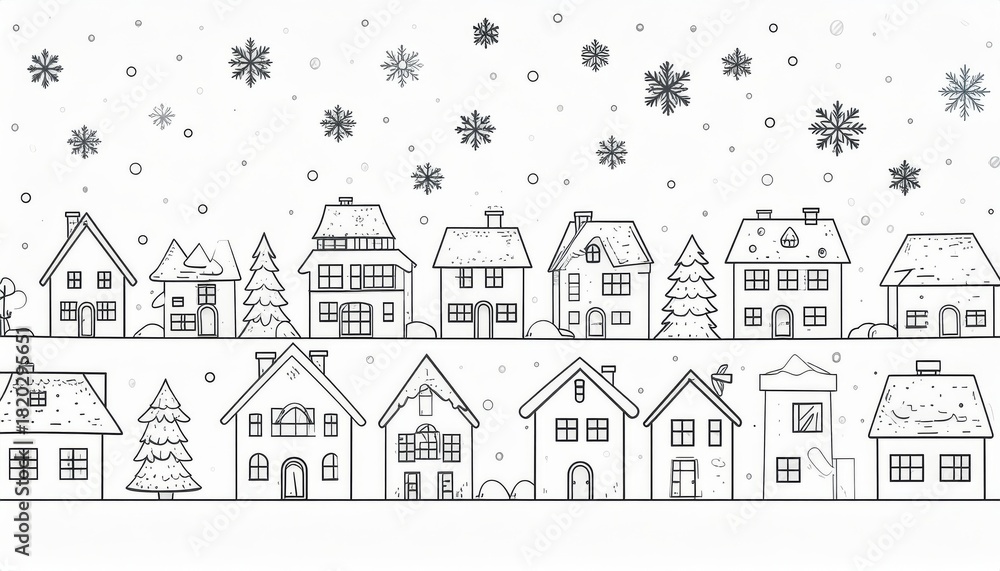 Fototapeta premium Snowy Village Houses Coloring Page