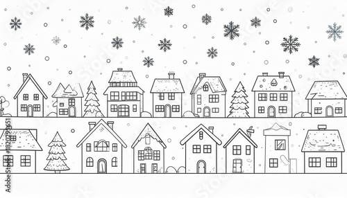 Snowy Village Houses Coloring Page