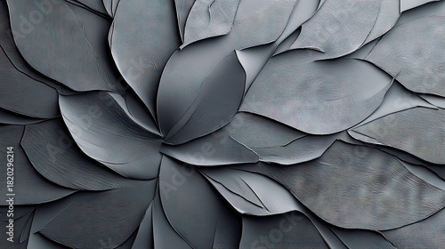 A close-up abstract view of overlapping gray textured petals forming a circular pattern with soft shadows.