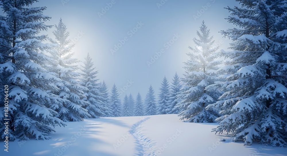 Obraz premium Snow-covered pine trees lining a quiet winter path under a soft blue sky