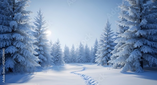 Wallpaper Mural Snow-covered pine trees in a serene winter forest with a sunlit path Torontodigital.ca