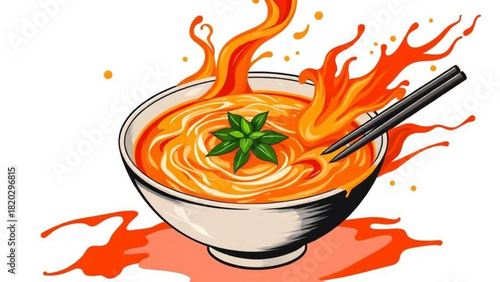 Hot chili soup in a red bowl with fresh green vegetables, a healthy vegetarian dinner