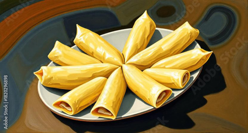 Slices of cheese and corn on a white plate are next to isolated yellow french fries, an unhealthy fast-food snack