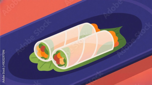 Appetizer vector illustration of fresh gourmet sushi with chopsticks, a healthy meal snack on a white plate