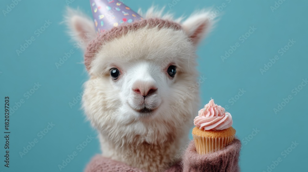 Naklejka premium A cute alpaca wearing a party hat and holding a pink cupcake with pink frosting, standing against a blue background.