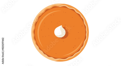 A top-down view of a pumpkin pie with a dollop of whipped cream in the center.