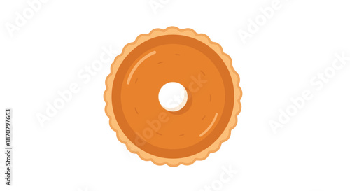 Overhead view of a pumpkin pie with a hole in the center, showcasing its golden-brown filling and decorative crust.