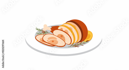A sliced roasted turkey or chicken breast with gravy and rosemary garnish on a white plate.