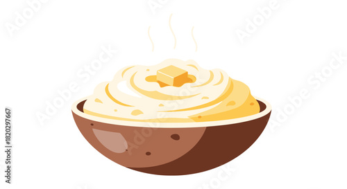 A steaming bowl of creamy mashed potatoes topped with a pat of butter.