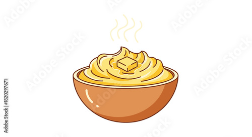 A detailed illustration of a bowl filled with creamy mashed potatoes, topped with butter.