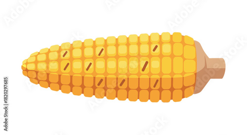 A close-up illustration of a ripe ear of yellow corn with visible kernels and a brown stem.
