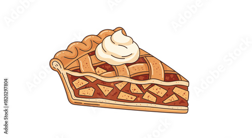 A slice of apple pie with a lattice crust and a dollop of whipped cream on top, isolated on white.