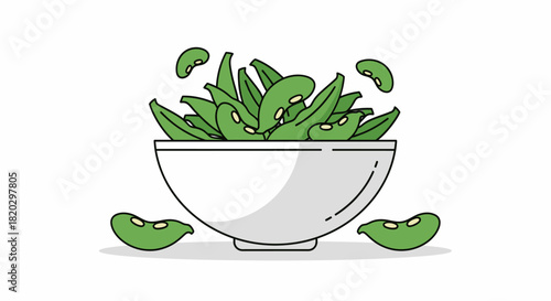 A simple vector illustration of a white bowl filled with green edamame pods, a healthy Japanese appetizer.